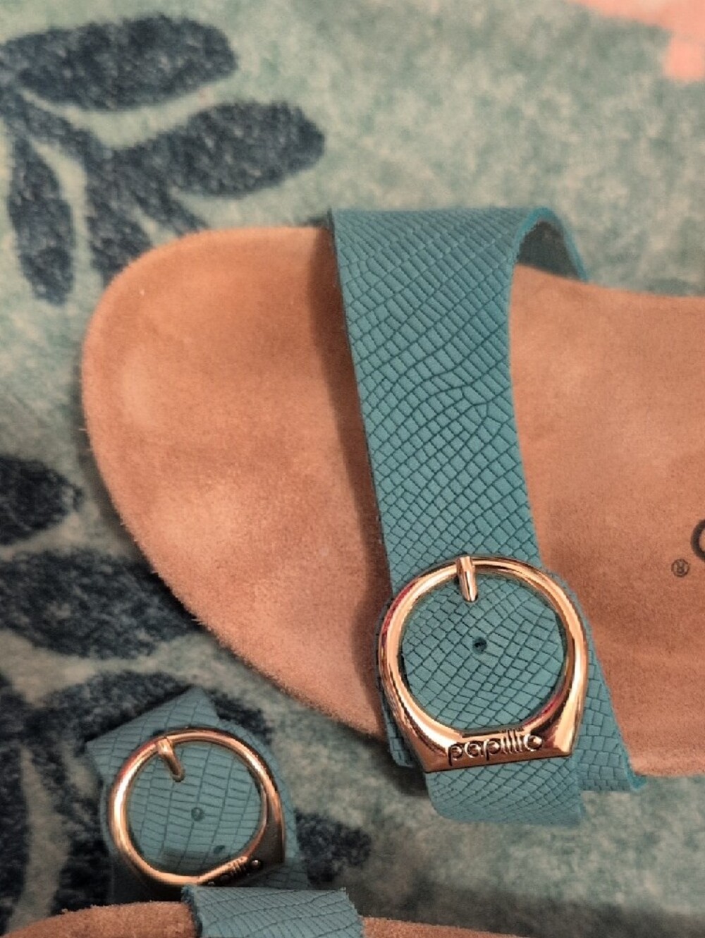 Birkenstock Papillio Teal Textured Two-Strap Wedge Sandals with Gold Buckles - Picture 7 of 9